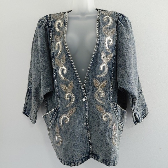 Andre Gillier Jackets & Blazers - 80's Bling Denim Jacket Womens Medium Acid‎ Wash Deep V 90210 Preppy Retro Punk